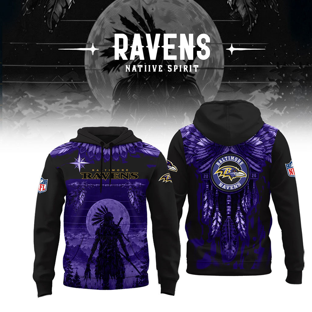 Baltimore Ravens Native Spirit Heritage Hoodie 2026 Baltimore Ravens Merch Football Fan Gifts
