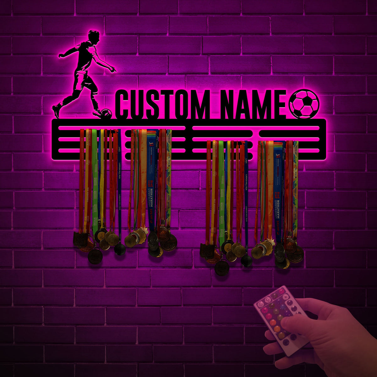 Custom Soccer Medal Hanger, LED Light, Steel Wall Decor