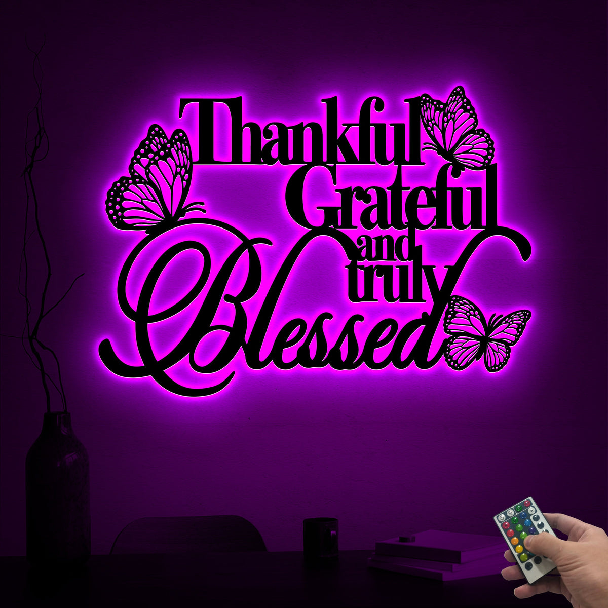 Butterfly Metal Wall Art, Thankful Grateful Blessed, LED Light Sign