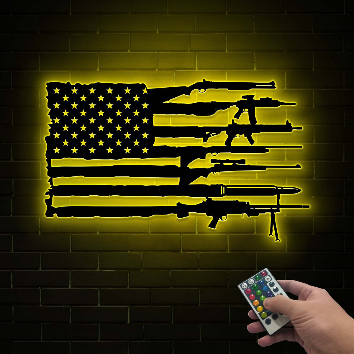 Gun American Flag Metal Wall Art with LED Light