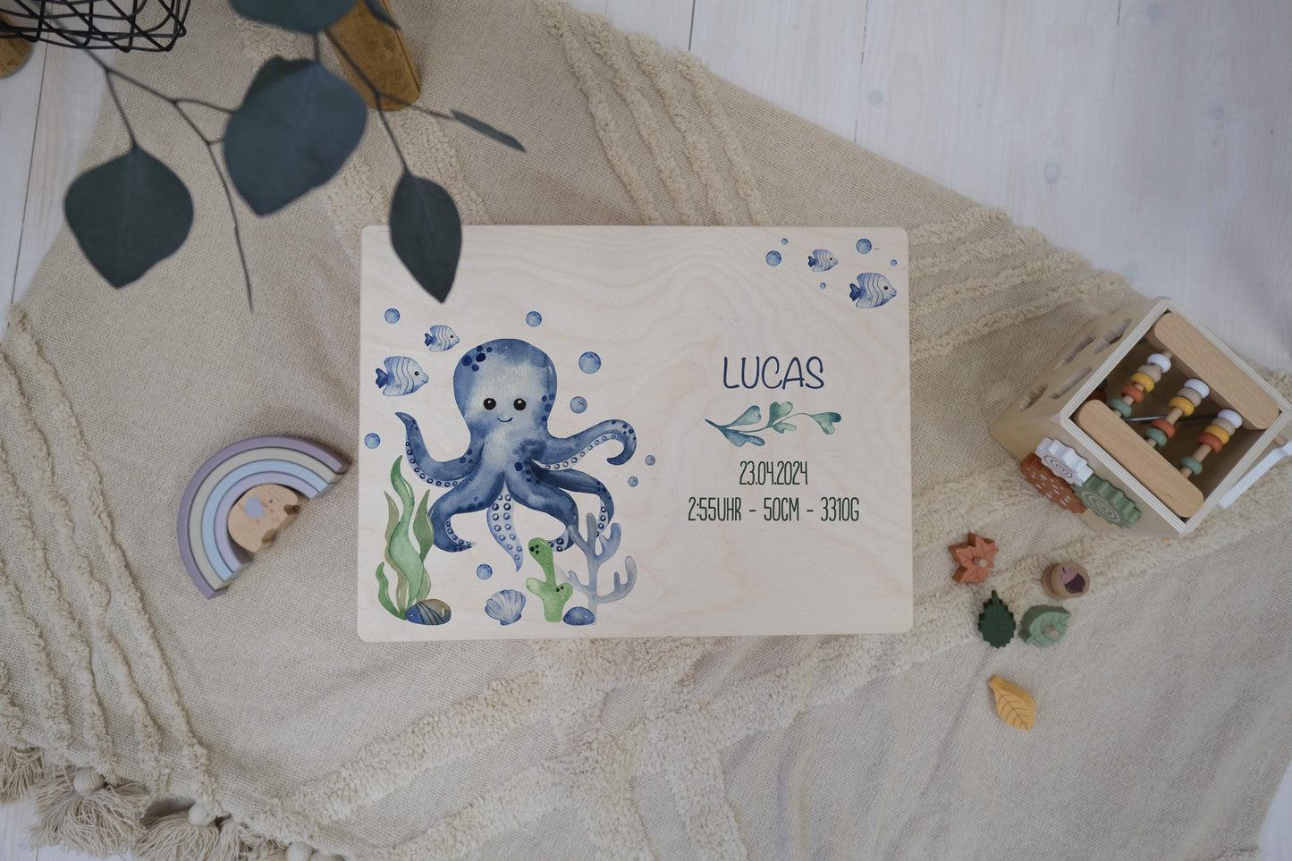 Baby Shower Gift Personalized - Memory Box Octopus with Name, Birth or Baptism Gift Boy, FSC Birch Wood Keepsake Box