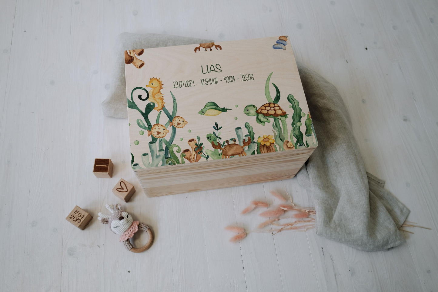 Baby Shower Gift Personalized - Memory Box Sea Animals FSC Birch Wood, Baptism or Birth Gift Boy Girl, Keepsake Box with Name