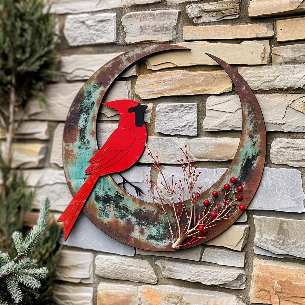 Crescent Moon Cardinal Metal Wall Art, UV Printed Aluminum Bird Decor, Rustic Garden Sign