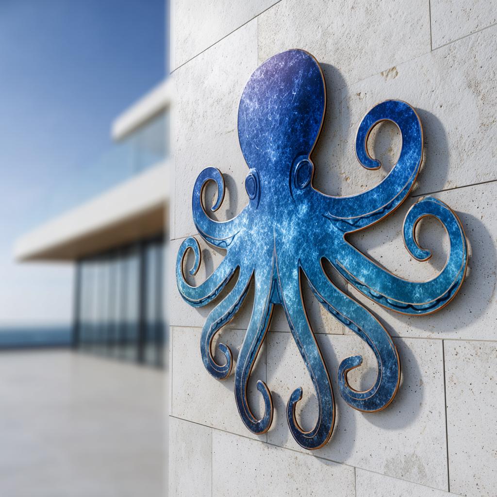 UV Printed Aluminum Octopus Wall Art, Coastal Marine Decor (2D Metal Sign)