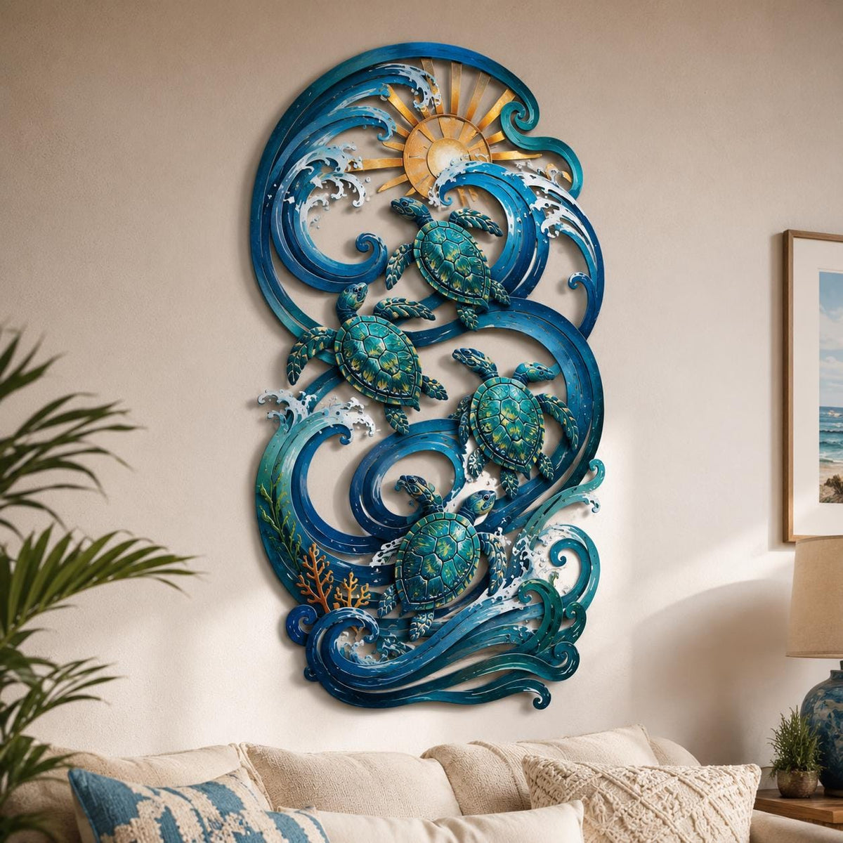 UV Printed Aluminum Sea Turtle Palm Tree Wall Art, Coastal Beach House Decor