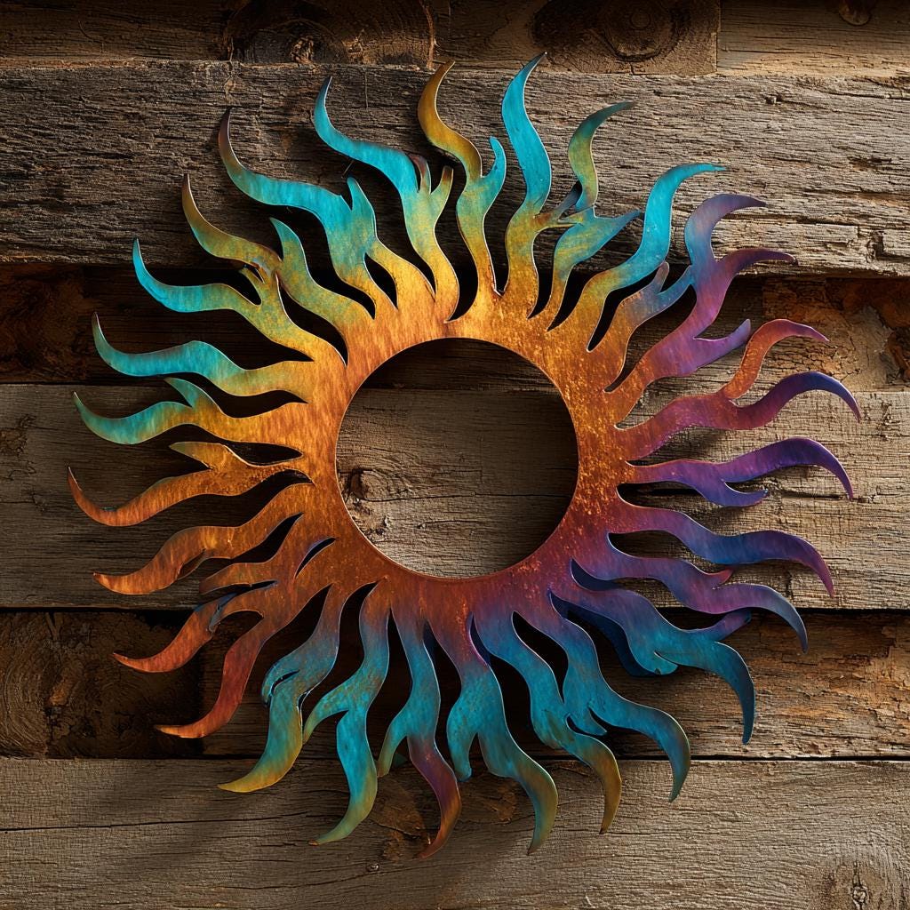 UV Printed Aluminum Sun Wall Art, Rustic Fire Decor, Outdoor Patio Sign (2D Metal)