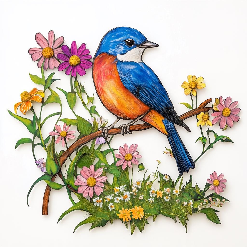 Bluebird Wildflower Metal Wall Art, UV Printed Aluminum Garden Decor