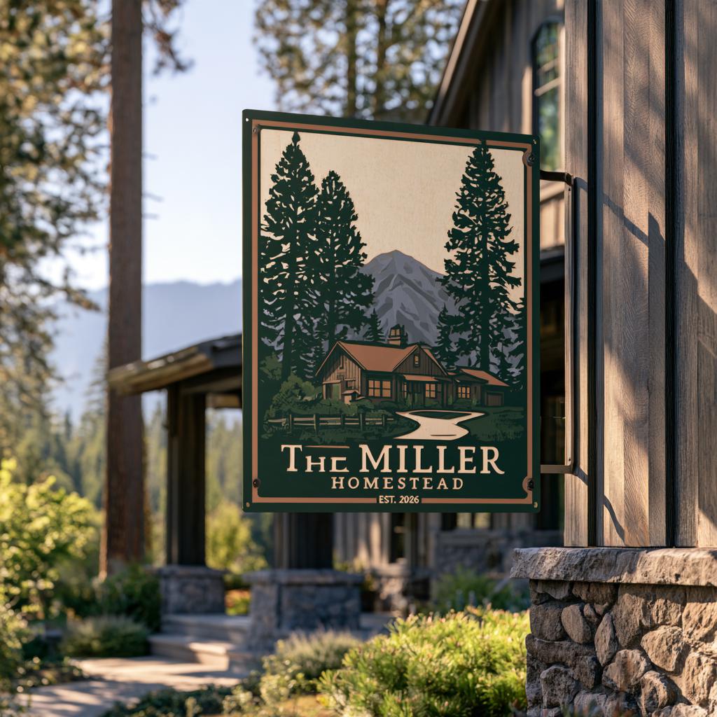 Custom Family Name Homestead Metal Sign: Mountain Farmhouse Wall Art (UV Printed Aluminum)
