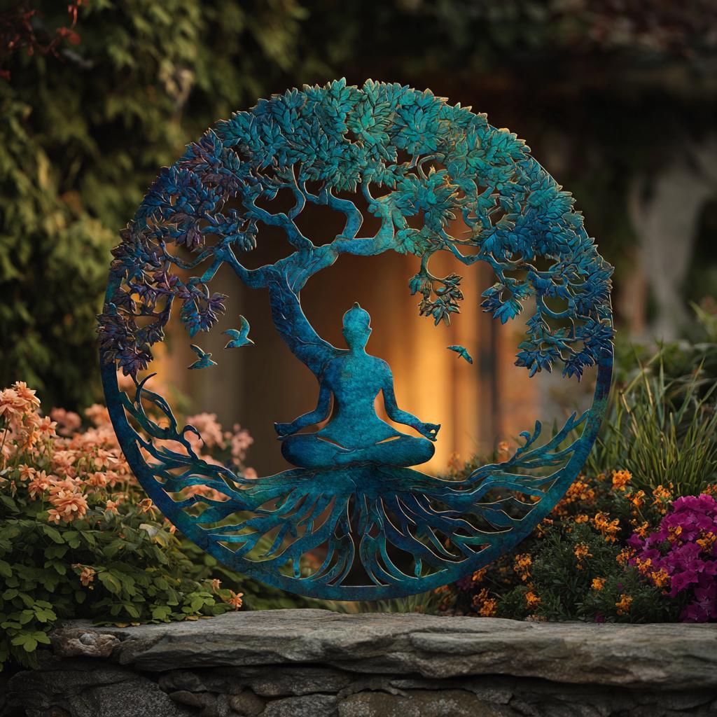Tree of Life Meditation Metal Wall Art, Yoga Woman, Colorful Botanical (UV Printed Aluminum)