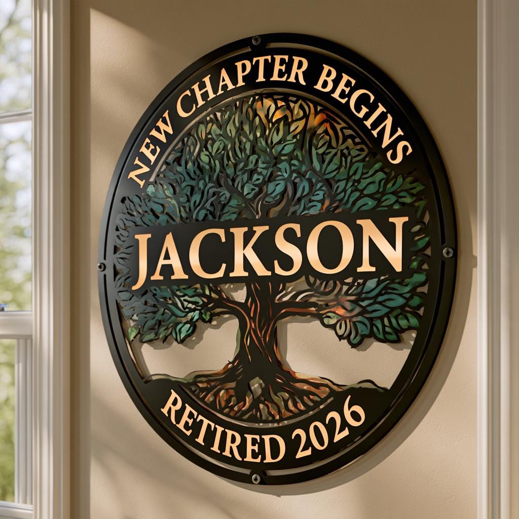 Personalized Retirement Metal Wall Art: Tree of Life, New Chapter Sign (UV Printed Aluminum)