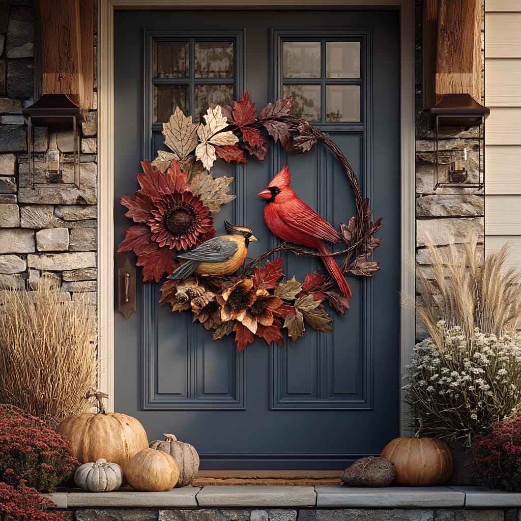 Fall Wreath Metal Sign, Autumn Cardinal, Sunflower, Farmhouse Porch Decor (UV Printed Aluminum)