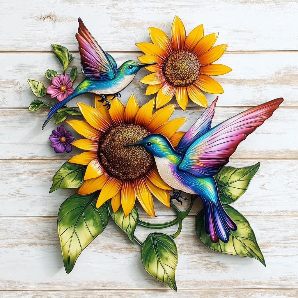 Hummingbird Sunflower Metal Wall Art, UV Printed Aluminum Garden Decor