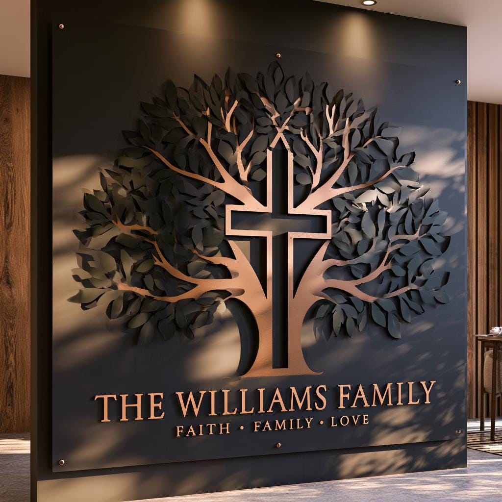 Personalized Family Tree Wall Art: Custom Name Sign with Cross (UV Printed Aluminum)