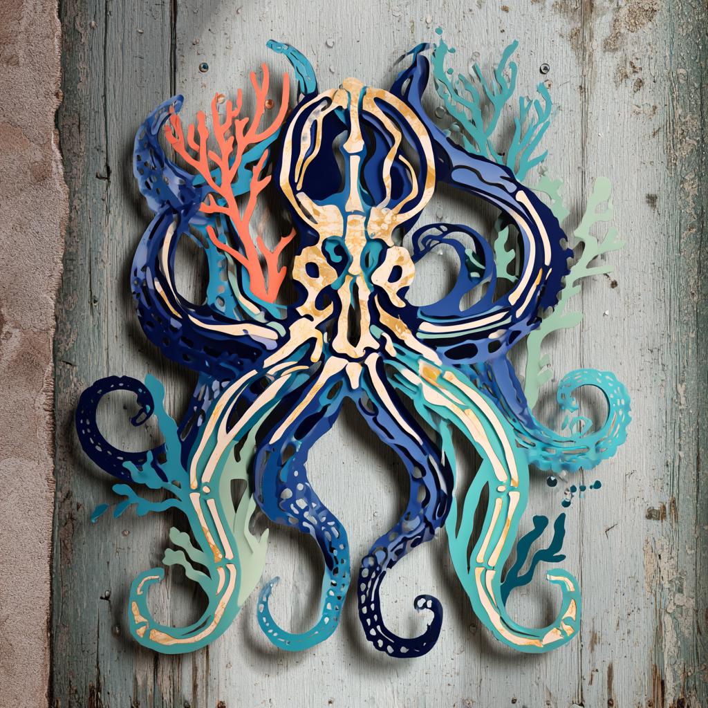 UV Printed Aluminum Octopus Skeleton Wall Art: Coastal Ocean Decor (2D Metal Sign)