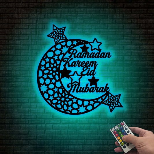 Ramadan Mubarak LED Metal Moon Sign, Islamic Wall Decor