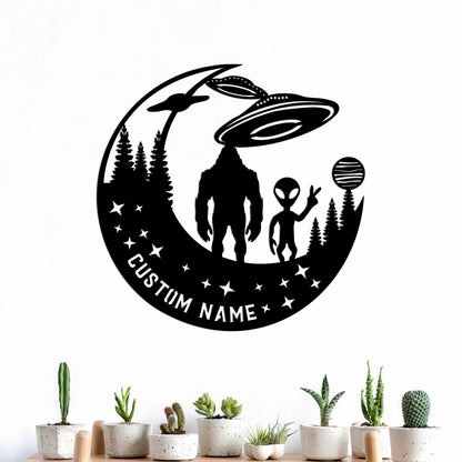Bigfoot And Alien, Metal Wall With LED Light, Bigfoot Metal Art Bigfoot Forest UFO Sign, House Decor, Housewarming Gift, Bigfoot UFO Decor