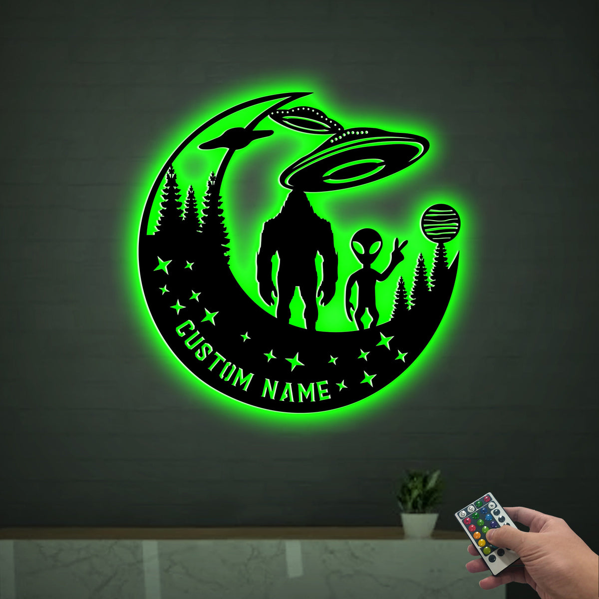 Bigfoot And Alien, Metal Wall With LED Light, Bigfoot Metal Art Bigfoot Forest UFO Sign, House Decor, Housewarming Gift, Bigfoot UFO Decor