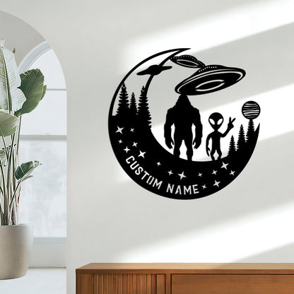 Bigfoot And Alien, Metal Wall With LED Light, Bigfoot Metal Art Bigfoot Forest UFO Sign, House Decor, Housewarming Gift, Bigfoot UFO Decor
