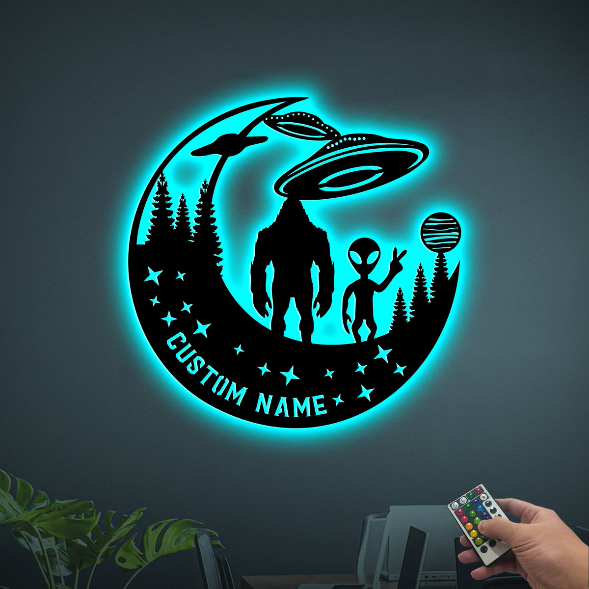 Bigfoot And Alien, Metal Wall With LED Light, Bigfoot Metal Art Bigfoot Forest UFO Sign, House Decor, Housewarming Gift, Bigfoot UFO Decor