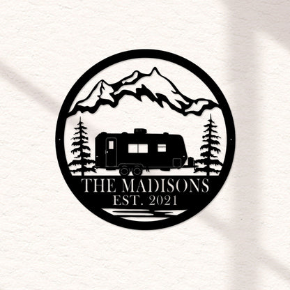 Personalized RV Camper Metal Sign, Mountain Scene LED Light
