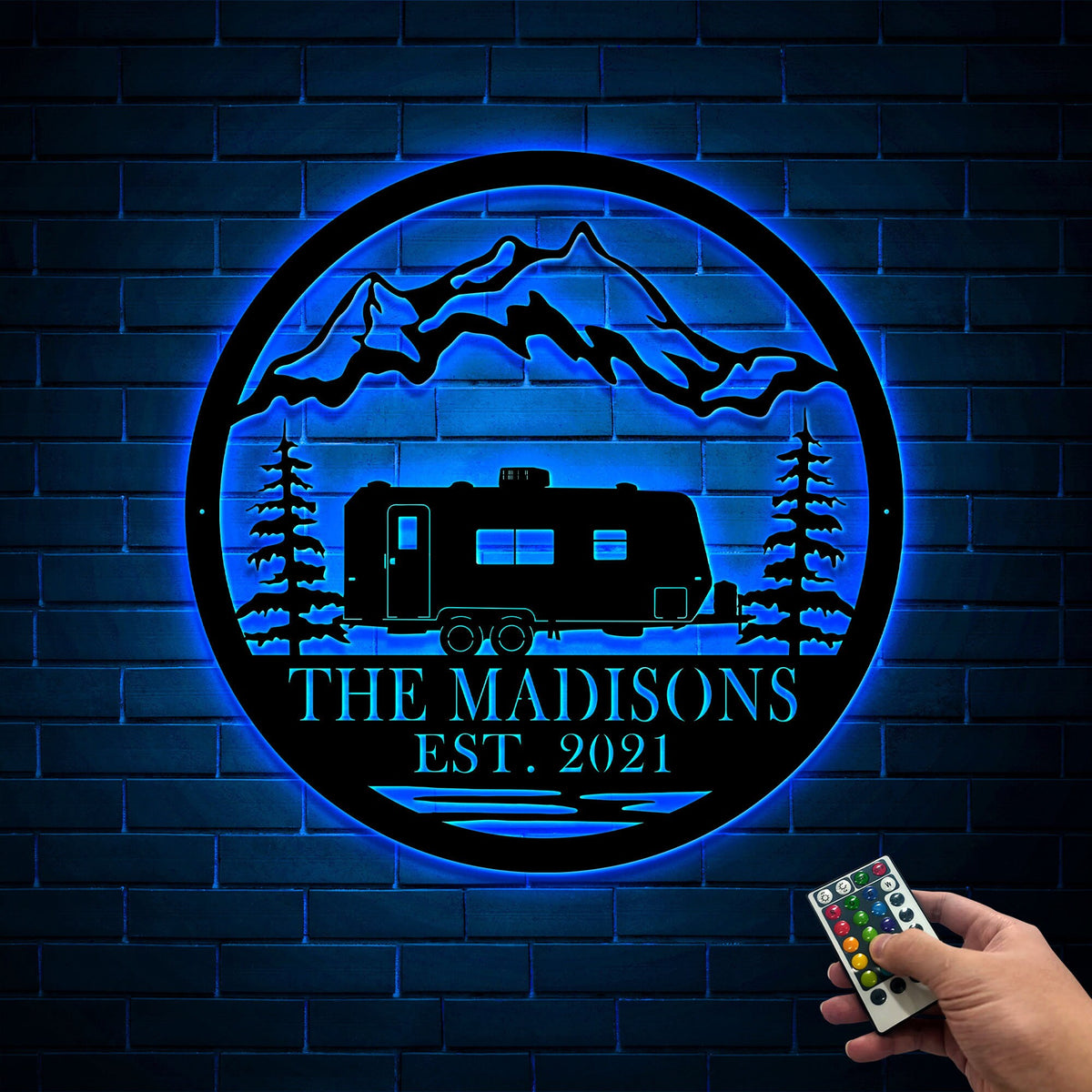 Personalized RV Camper Metal Sign, Mountain Scene LED Light