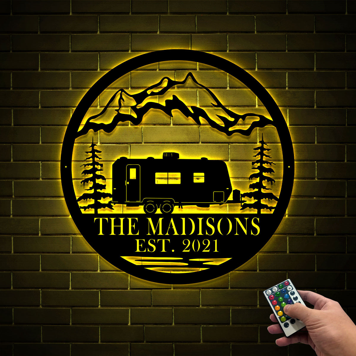 Personalized RV Camper Metal Sign, Mountain Scene LED Light