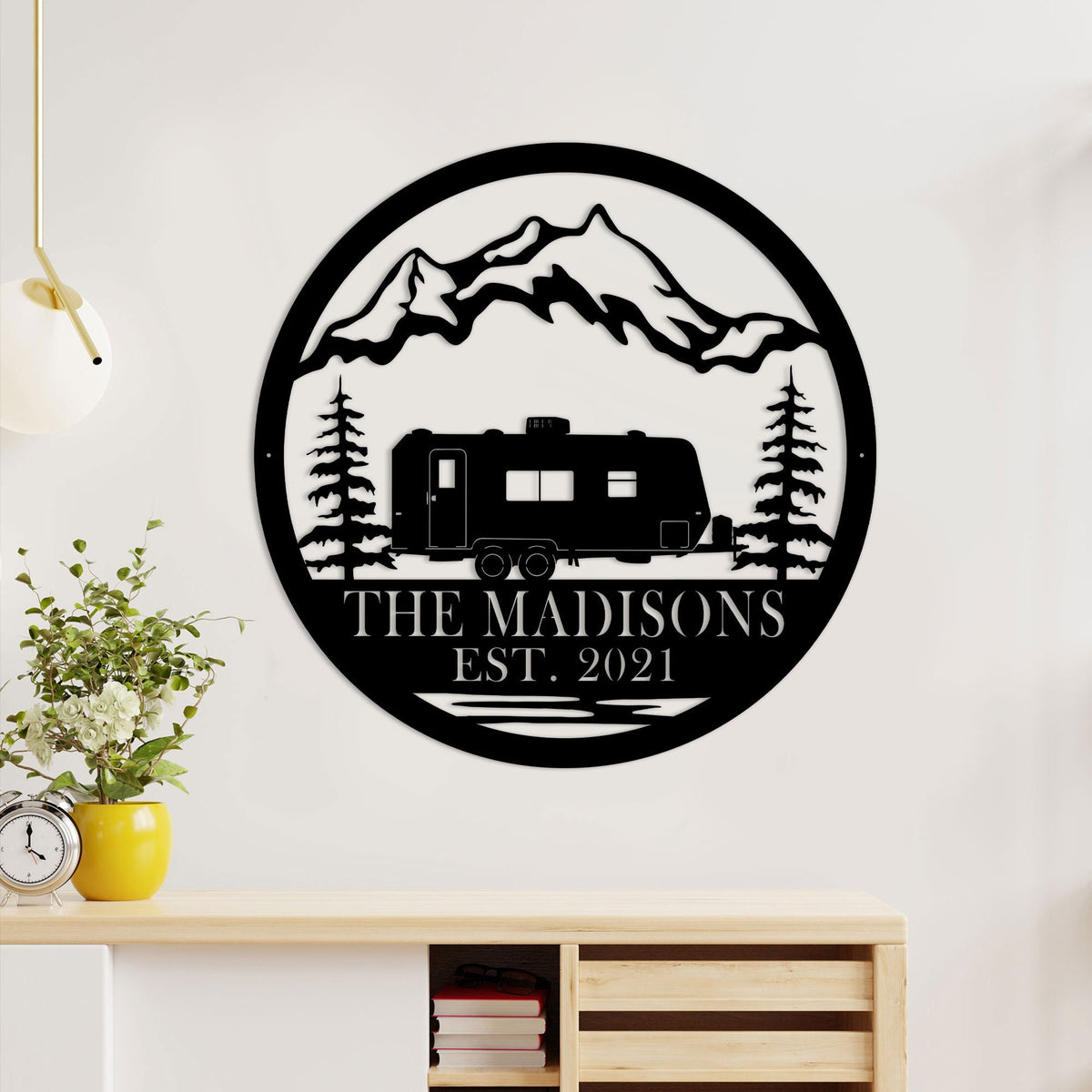 Personalized RV Camper Metal Sign, Mountain Scene LED Light