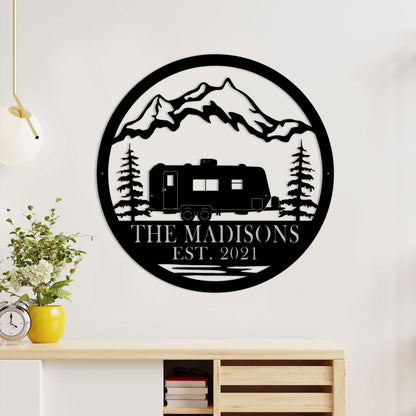 Personalized RV Camper Metal Sign, Mountain Scene LED Light