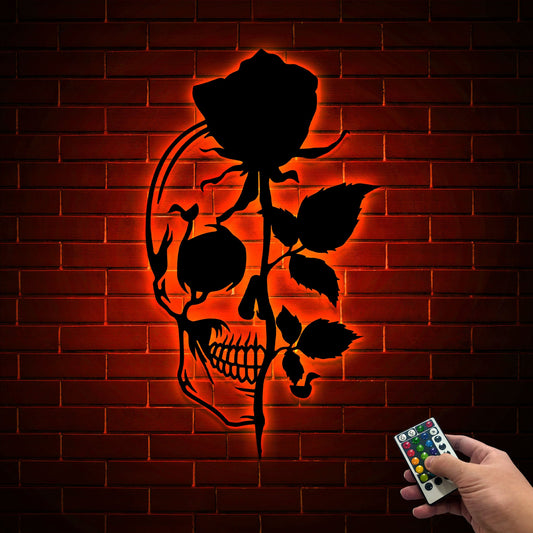 Skull With Rose Metal Wall Art With LED Lights, Flower Skull Signs, Sugar Skull, Skeleton Decor, Halloween Gothic Decor, Skull Roses Decor