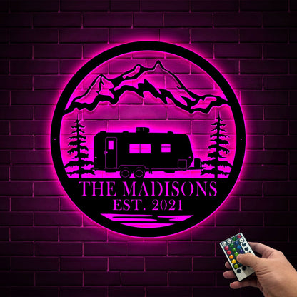 Personalized RV Camper Metal Sign, Mountain Scene LED Light