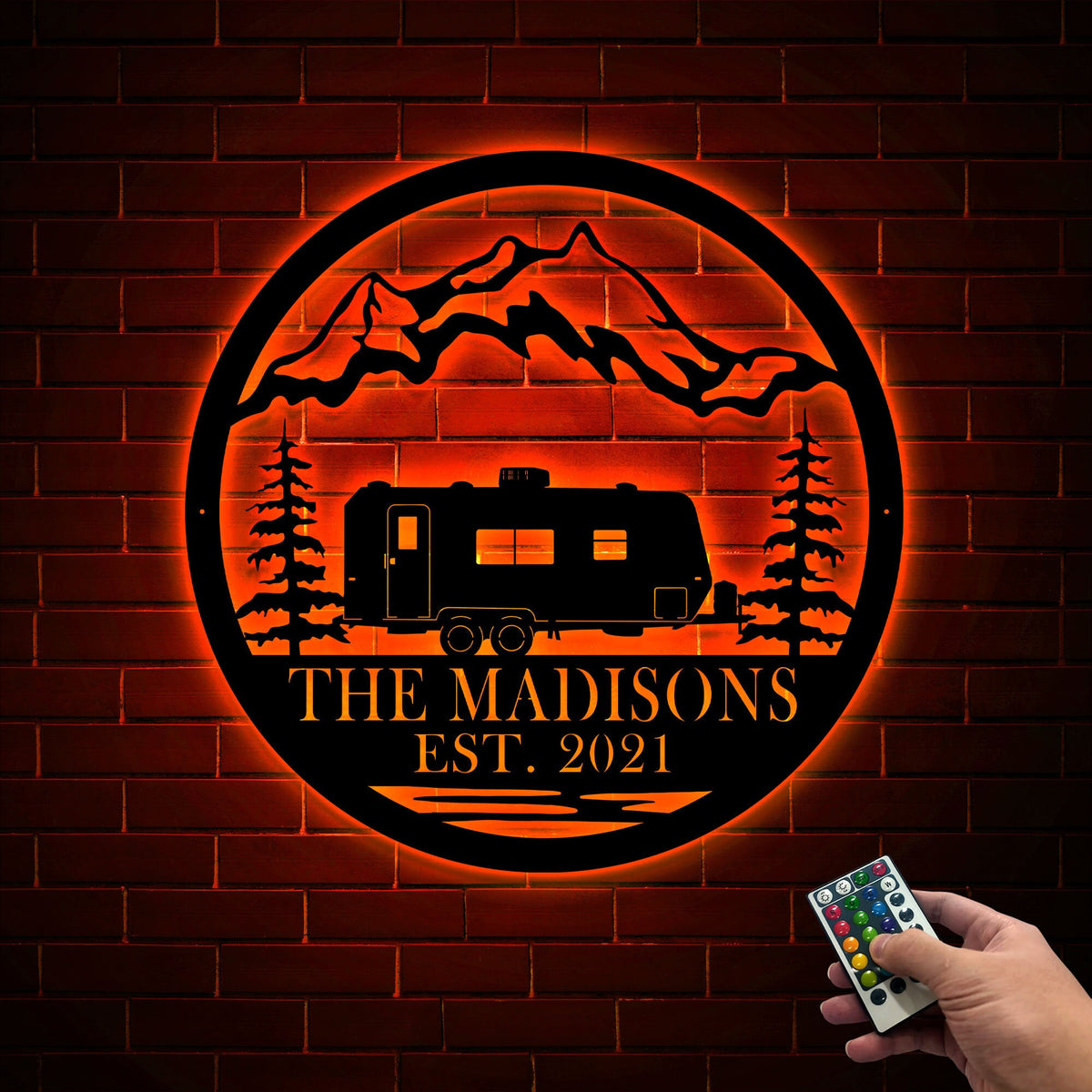 Personalized RV Camper Metal Sign, Mountain Scene LED Light