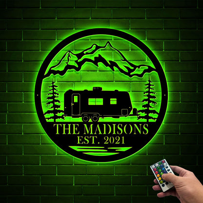 Personalized RV Camper Metal Sign, Mountain Scene LED Light