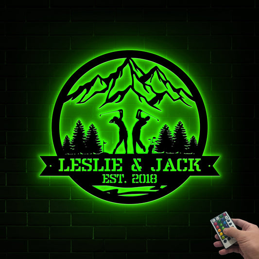 Personalized Golfer Couple LED Metal Sign, Mountain Scene Anniversary Gift