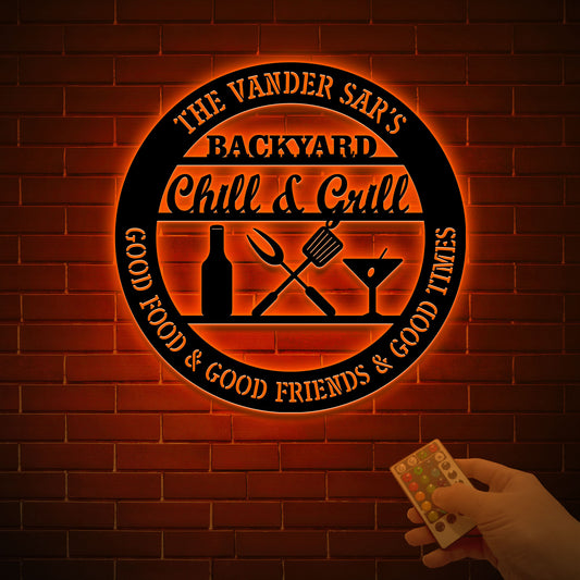 Personalized Bar & Grill Metal Sign With LED Light, Custom Backyard Chill And Grill, Backyard Patio Decor, Outdoor Bar Sign, Backyard Decor