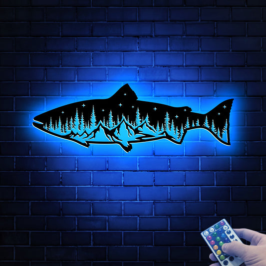 Salmon Mountain Metal Wall Art with LED Lights, Cabin Decor