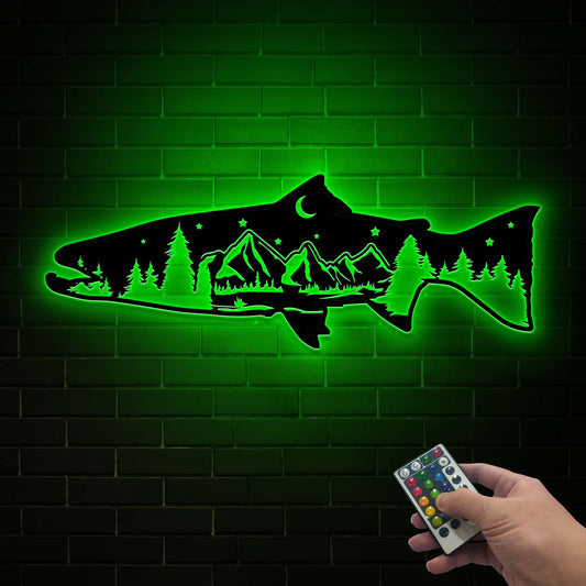 Steelhead Mountain Metal Wall Art LED, Fishing Cabin Decor