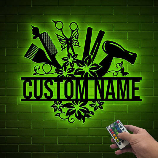 Personalized Hair Salon Metal Sign with LED Lights