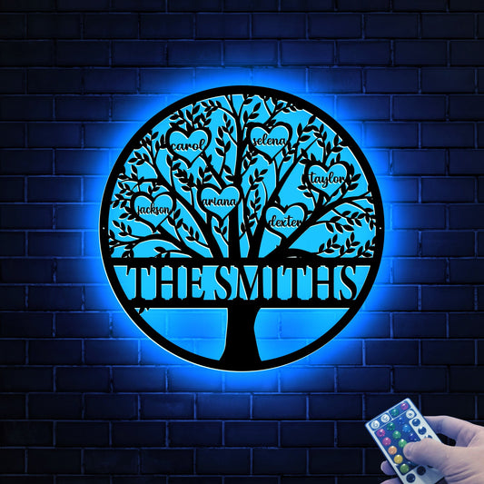 Personalized Family Tree Metal Sign with LED Lights, Custom Wall Art