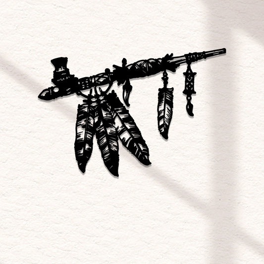 Metal Peace Pipe Wall Art with LED Lights, Feather Decor