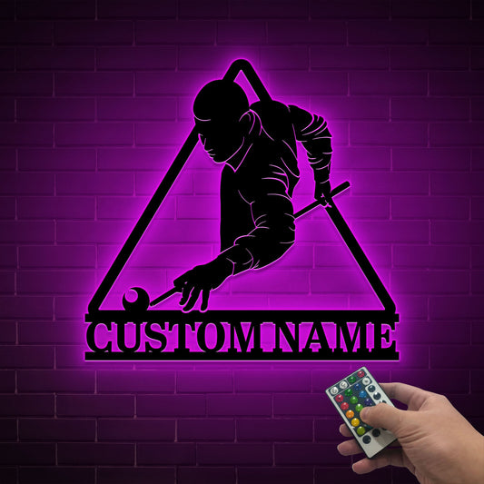 Custom Billiards Metal Sign with LED Lights, Personalized Snooker Decor