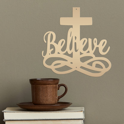 Believe Cross Metal Sign