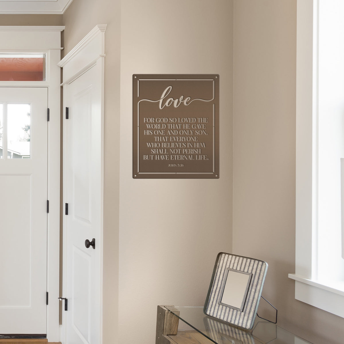 Religious Metal Wall Art with John 3:16 - Christian Home Decor - Inspirational Church Wall Hanging - Farmhouse Entryway Art - Christian Gift