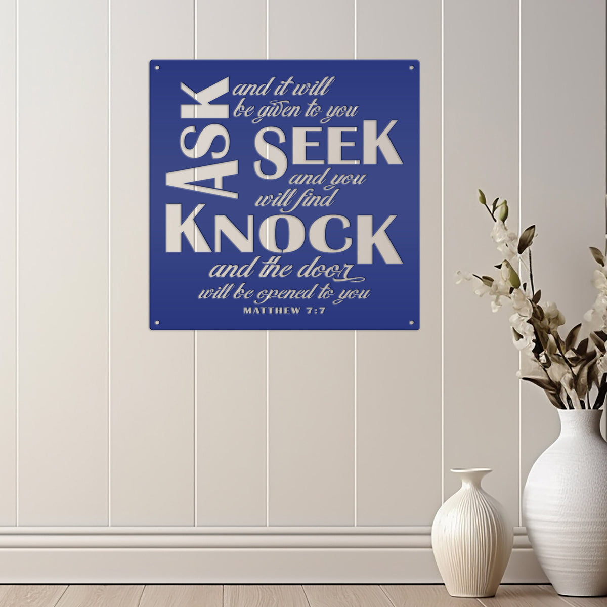 Unique Christian Home Decor - Inspirational Matthew 7 Metal Sign - Religious Wall Hanging - Charming Jesus Art - Church Artwork Decoration
