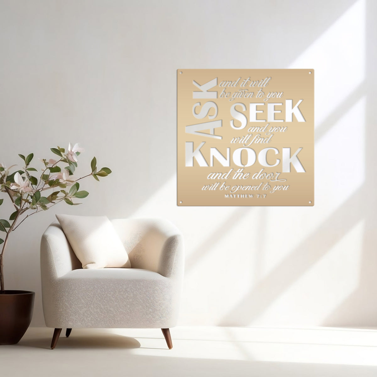 Unique Christian Home Decor - Inspirational Matthew 7 Metal Sign - Religious Wall Hanging - Charming Jesus Art - Church Artwork Decoration