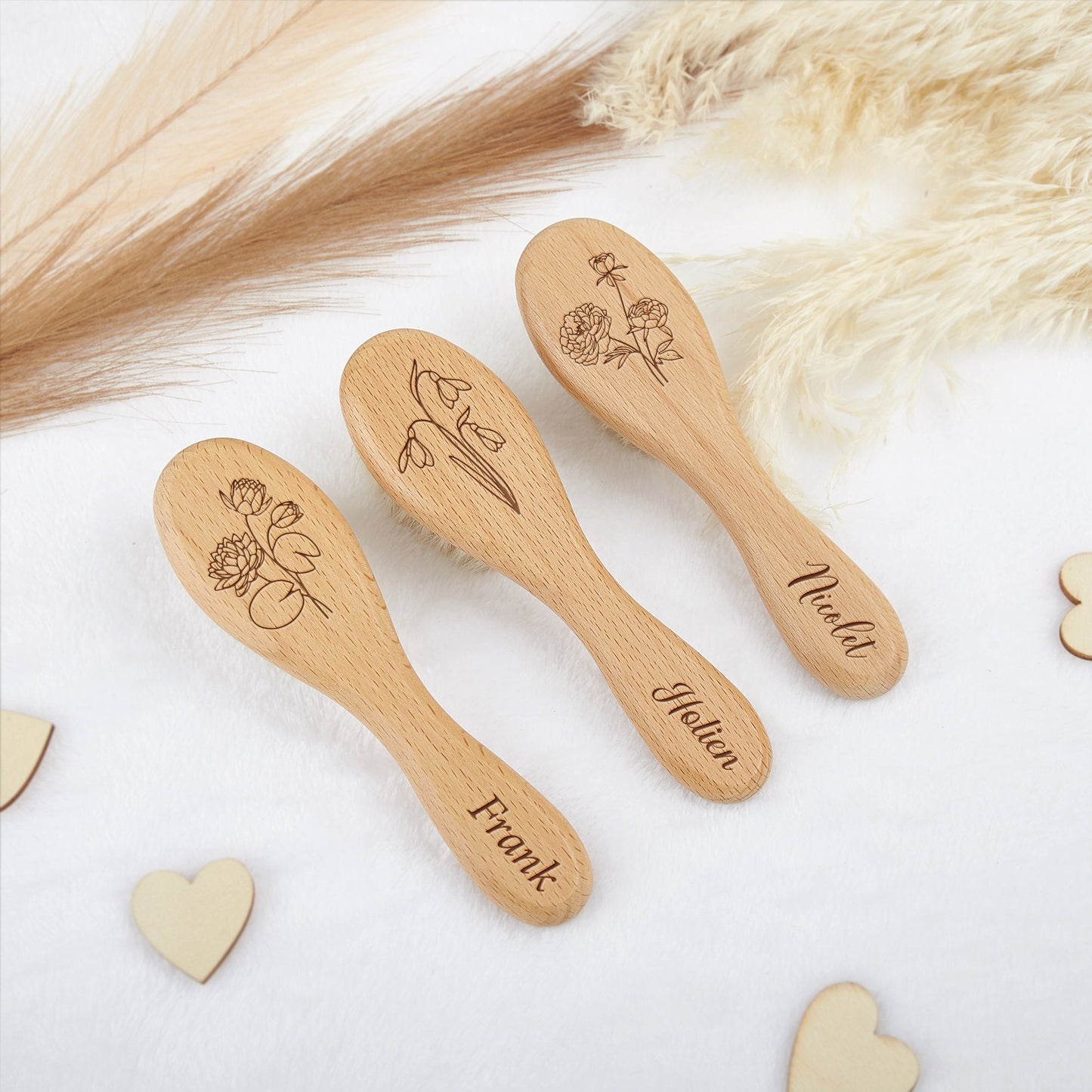 Personalized Beech Wood Baby Hairbrush: Custom Engraved Newborn Gift