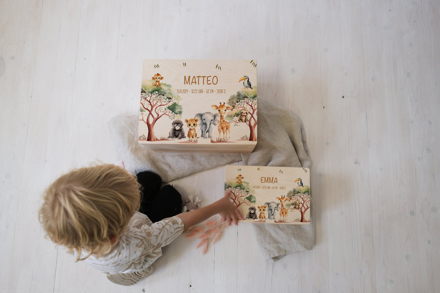 Baby Shower Gift Personalized - Safari Memory Box with Name, Birth or Baptism Gift Newborn, FSC Birch Wood Keepsake Box