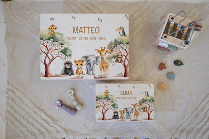 Baby Shower Gift Personalized - Safari Memory Box with Name, Birth or Baptism Gift Newborn, FSC Birch Wood Keepsake Box