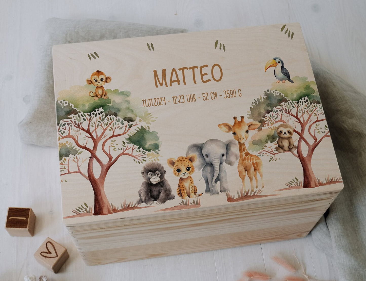 Baby Shower Gift Personalized - Safari Memory Box Wooden with Name, Newborn Gift Boy or Girl, Birth & Baptism Gift, FSC Birch