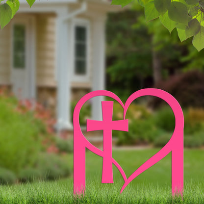 Outdoor Christian Decor Heart Cross Lawn Stake, Valentine's Day Decoration, Outdoor Garden Sign