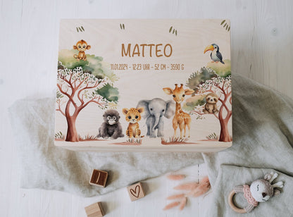 Baby Shower Gift Personalized - Safari Memory Box with Name, Birth or Baptism Gift Newborn, FSC Birch Wood Keepsake Box